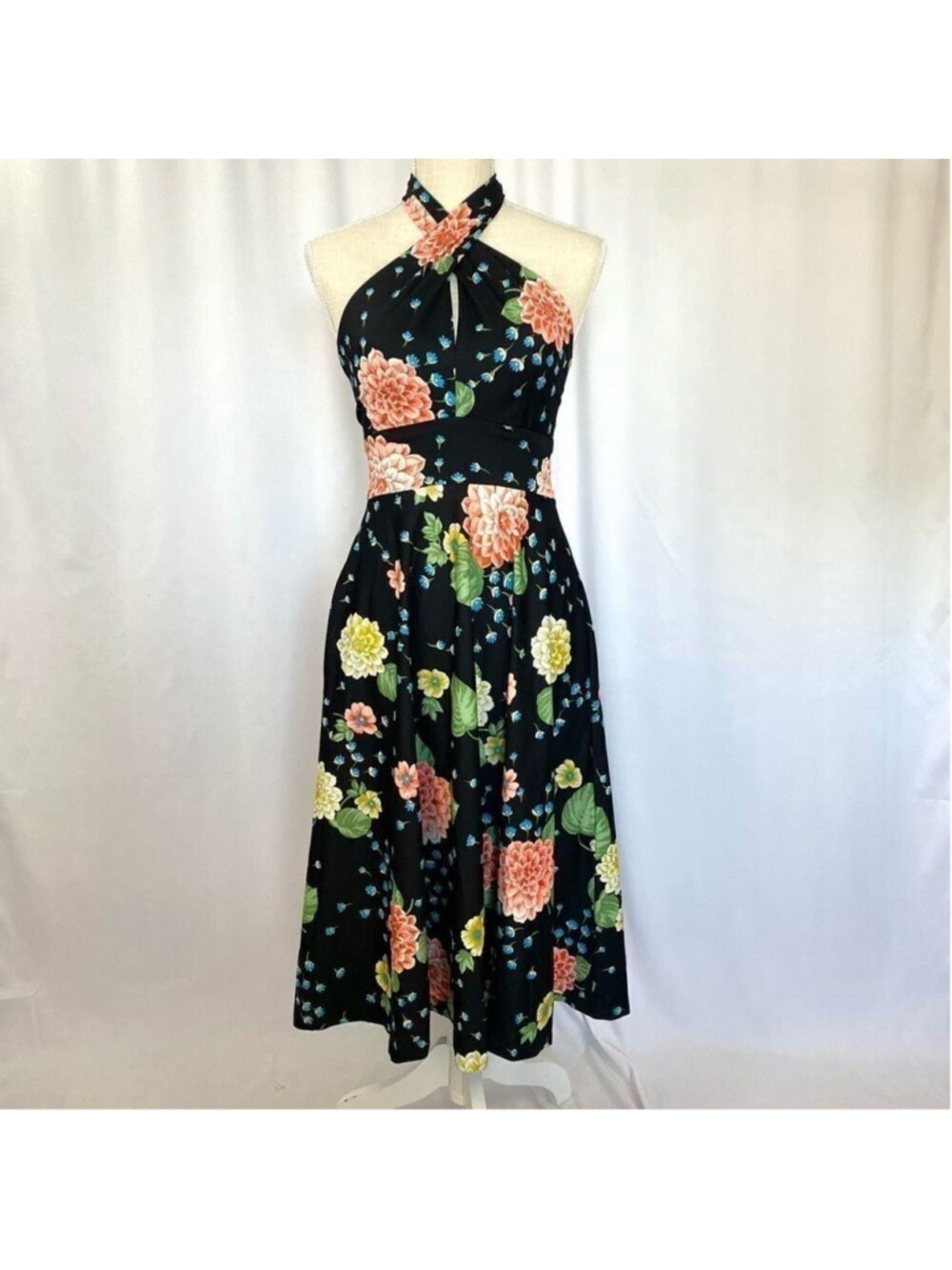 Vintage Designer Lillie Rubin Floral Halter Midi Dress Women’s XS-S Retro